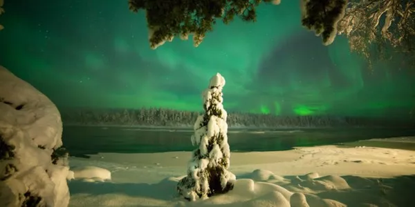 Ciel d'aurores boréales au-dessus d'un lac dans la nature lapone finlandaise