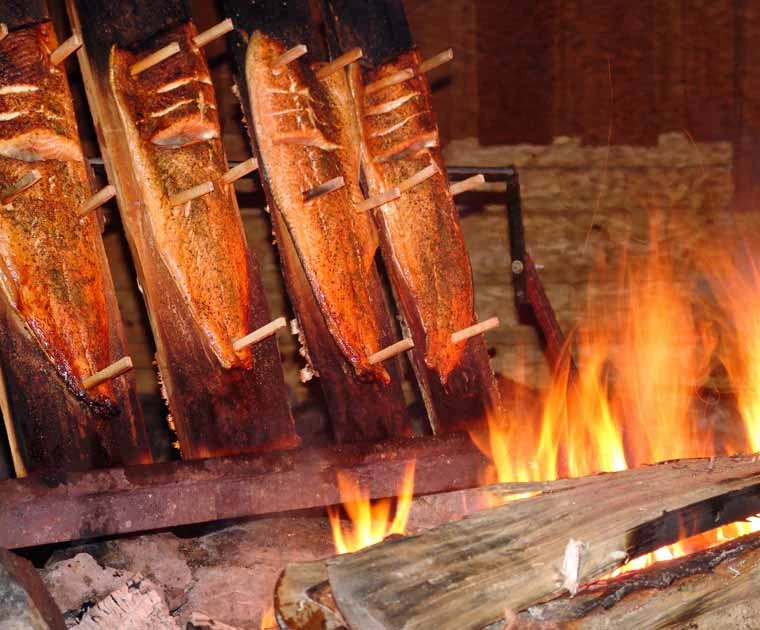 Saumons cuits au feu de bois en Laponie