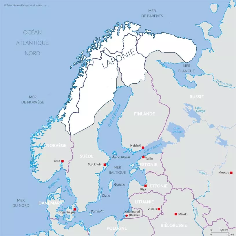 Carte de la Laponie qui s'étend sur 4 pays d'Europe du Nord