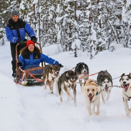 Un couple radieux profite des sensations de glisse sur la neige, porté par l’élan des chiens