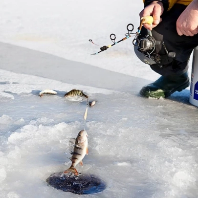 Participant assis sur un seau pratiquant la pêche blanche sur un lac gelé à Muonio