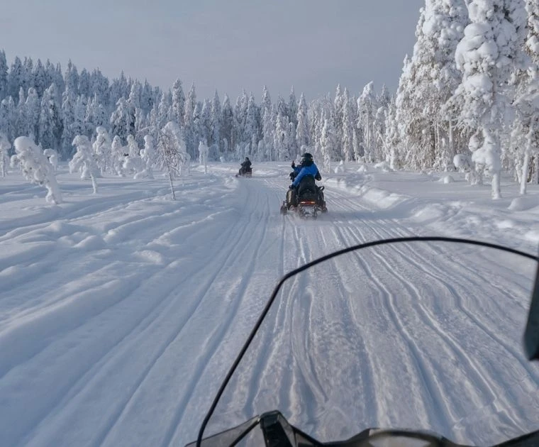 Motoneige à travers la forêt 