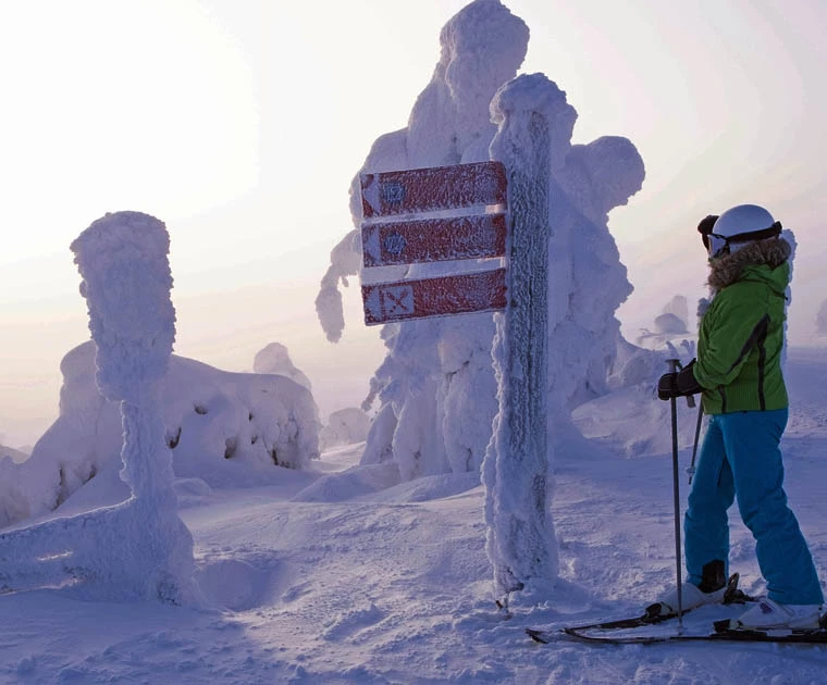 Une skieuse se tient face à l'horizon quasi invisible au sommet d'un mont noyé dans le brouillard